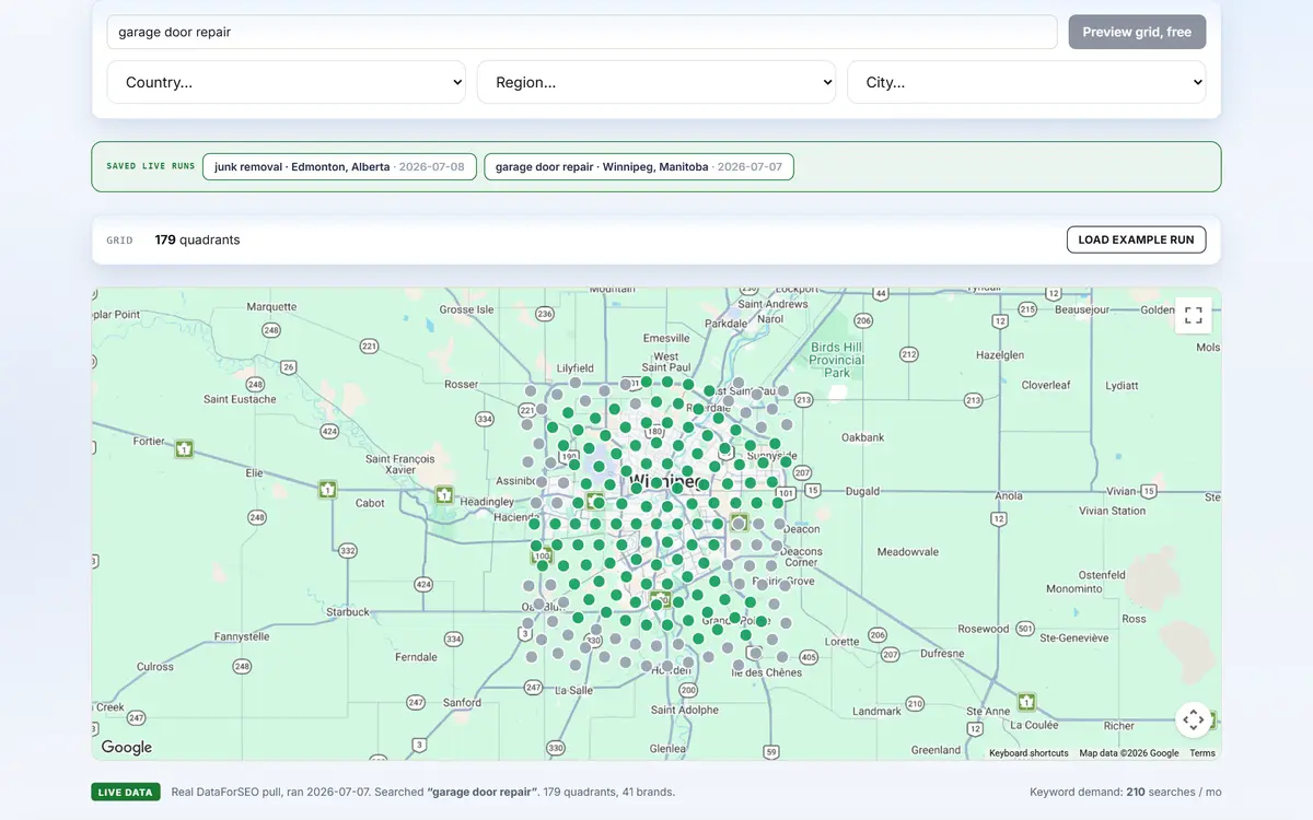 CitySweep geo grid rank tracker: 179-quadrant local search grid over Winnipeg for garage door repair with live DataForSEO results